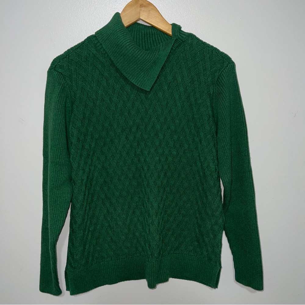 Lands’ End Womens Split Cowl Neck Cable Knit Sweater Chrome Green Size L/P 14-16